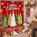 HunnmingRe 6 Pcs Christmas Bathroom Decor Red Xmas Tree Shower Curtain Sets