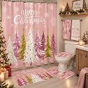 HunnmingRe 6 Pcs Christmas Bathroom Decor Pink Xmas Shower Curtain Set
