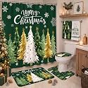 HunnmingRe 6 Pcs Christmas Bathroom Decor Green Xmas Shower Curtain Set