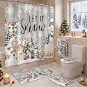HunnmingRe 6 Pcs Christmas Bathroom Decor Winter Holiday Shower Curtain Set