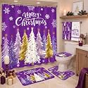 HunnmingRe 6 Pcs Christmas Bathroom Decor Purple Xmas Shower Curtain Set