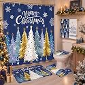 HunnmingRe 6 Pcs Christmas Bathroom Decor Blue Xmas Tree Shower Curtain Set