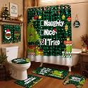 HunnmingRe 6 Pcs Christmas Bathroom Decor Green Black Shower Curtain