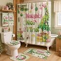 HunnmingRe 6 Pcs Christmas Bathroom Decor Pink Green Shower Curtain Set