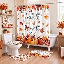HunnmingRe 6 Pcs Fall Football Bathroom Decor, Pumpkin Shower Curtain Sets