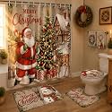 HunnmingRe 6 Pcs Vintage Christmas Bathroom Decor Santa Shower Curtain Sets