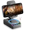 Hupoaf Adjustable Cell Phone Stand with Wireless Induction Bluetooth Speaker, HD Surround Sound &amp; RGB Rhythm Lights, Foldable Portable Stand for Desk, Kitchen Counter, Home Office, Black