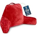 Husband Pillow Red, Original Reading Pillow in Bed Rest Chair, Shredded Memory Foam Large Lounge Cushion Adult Backrest with Arms, Comfy Back Support for Sit Sitting Up, Washable/Removable Cover