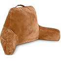 Husband Pillow Tan, Original Reading Pillow in Bed Rest Chair, Shredded Memory Foam Large Lounge Cushion Adult Backrest with Arms, Comfy Back Support for Sit Sitting Up, Washable/Removable Cover