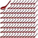Hushee 100 Pcs Asian Chinese Soup Spoons 6.3 Inches Japanese Korean Miso Soup Spoons Red and Black Bulk with Hook for Soba Wonton Rice Pho Ramen Noodle Dumpling