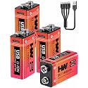 HW 9V Batteries 1400mAh Long Lasting Power USB-C 4 Pack for Smoke Detectors