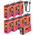 HW 9V Batteries 1400mAh Long Lasting Power USB-C 8 Pack for Guitar Pedals
