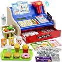 HYES Rechargeable Wooden Cash Register for Kids, Toy Cash Register with Play Money, Toy Food, Pretend Play Supermarket & Fast Food Restaurant, Toddler Learning Toys for Boy & Girl Age 3-5, Blue