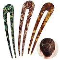 HYFEEL French Hair Pins U Shape Updo Hair Forks 2 Prong Bun Twist Chignon Stick Clips for Women Hair Accessories, 3 Pcs (Green,Tortoise,Brown Floral)