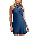 HYPERFIRE Women's Elegant Satin Mini Dress Criss Cross Halter Wedding Guest Dresses Short Formal Dress