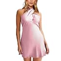 HYPERFIRE Women's Elegant Satin Mini Dress Criss Cross Halter Wedding Guest Dresses Short Formal Dress