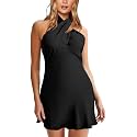 HYPERFIRE Women's Elegant Satin Mini Dress Criss Cross Halter Wedding Guest Dresses Short Formal Dress