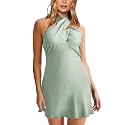 HYPERFIRE Women's Elegant Satin Mini Dress Criss Cross Halter Wedding Guest Dresses Short Formal Dress