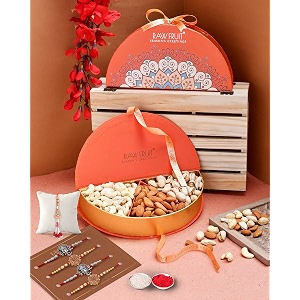 hyperfoods dry fruits gift box cashews almonds pistachios 280 grams dry fruits with rakhi for brother raksha bandhan gift hamper for brother with flowers of ganesha rakhi set of 5