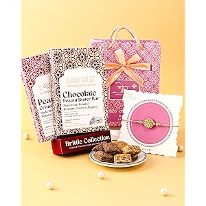 hyperfoods rakhi for brother gift for brother peanut crunch brittle chocolate peanut butter bar blossom of love rakhi set
