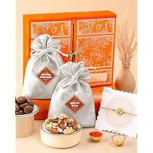 hyperfoods rakhi with dry fruits for brother chocolate gift hamper rawfruit39s handcrafted silver potli with roli amp rice rakhi for brother mixed nuts and mocha almonds bites 200 grams