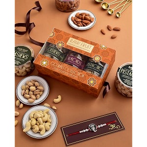 hyperfoods rawfruit rakhi combo with kaju cashew badam almond pista dry fruit combo pack  rakhi for brother with dry fruits gift set 700g