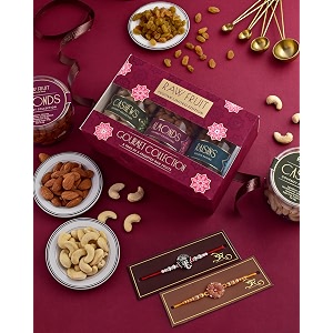 hyperfoods rawfruit rakhi set of 2 with kaju cashew badam almond kishmish raisins dry fruit gift pack  rakhi gift for brother 750g