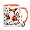 Hyturtle Fall Ghost Coffee Mug with Spoon Gifts for Book Lover on Halloween