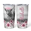 Hyturtle Personalized Gifts For Cow Lover - Birthday Christmas - Highland Cow Print Custom Name Stainless Steel Tumbler 20oz With Straw Lid - Farm Lover Gifts For Her Women Girl Daughter Friend