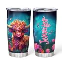 Hyturtle Personalized Gifts For Highland Cow Lover - Highland Cow Customized Name Stainless Steel Tumbler 20oz With Lid - Idea Farm Animals Lover Gifts For Women, Girl, kids On Birthday, Christmas