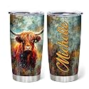 Hyturtle Personalized Gifts For Highland Cow Lover - Birthday Christmas - Highland Cow Print Custom Name Stainless Steel Tumbler 20oz With Lid - Farm Lover Gifts For Her Women Girl Daughter Friend
