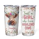 Hyturtle Personalized Gifts For Highland Cow Lover - Birthday Christmas - Just A Girl Who Loves Highland Cows Custom Name Stainless Steel Tumbler 20oz With Lid - Animal Lover Gifts For Her Women Girl