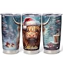 Hyturtle Personalized Gifts Highland Cow Lover - Highland Cow With Santa Hat Custom Name Stainless Steel Tumbler 20 oz With Lid - Cute Farm Animal Lover Gifts For Women, Girl On Birthday, Christmas