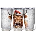 Hyturtle Personalized Gifts Highland Cow Lover - Highland Cow With Santa Hat Custom Name Stainless Steel Tumbler 20 oz With Lid - Cute Farm Animal Lover Gifts For Women, Girl On Birthday, Christmas