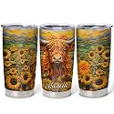 Hyturtle Personalized Gifts For Highland Cow Lover - Highland Cow With Sunflower Stainless Steel Tumbler 20oz With Lid - Idea Farm Animals Lover Gifts For Women, Girl, kids On Birthday, Christmas