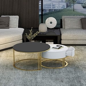 round coffee table set of 2 contemporary accent coffee and snack table top engineered wood with metal frame nesting tea table for living room -grey white