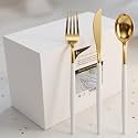 I00000 144 Gold Plastic Silverware, Disposable Silverware with White Handle