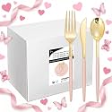 I00000 144 Pink Plastic Silverware, Fancy Gold Silverware with Pink Handle