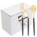 I00000 144Pcs Black Plastic Silverware Set, Gold Utensils with Black Handle