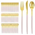 I00000 300Pcs Pink Plastic Silverware, Fancy Gold Cutlery with Pink Handle