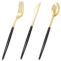 I00000 60 Pcs Black Plastic Cutlery Set, Gold Utensils with Black Handle