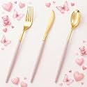 I00000 60 Pcs Pink Plastic Silverware, Fancy Gold Utensils with Pink Handle