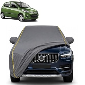 i10 old 100 waterproof car cover  dustproof sun protection cover  soft cotton lining  triple stitched  mirror pocket  antenna pocket  all weather body cover grey with yellow piping