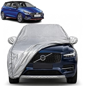 i20n 100 waterproof car cover  dustproof sun protection cover  soft cotton lining  triple stitched  mirror pocket  antenna pocket  all weather body cover silver with yellow piping