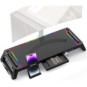 iball icepad pc30 monitor stand for desk rgb gaming lights with usb 30 amp 20 hub foldable computer screen riser with storage drawer and phone holder for pclaptopimac - black