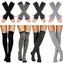 Ibeauti 8 Pcs Womens Striped Knee High Socks Stockings Y2K Goth Knitted Long Arm Warmer Fingerless Gloves Set