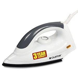 ibell castor temp 1000 watt dry iron box with aluminium alloy sole plate ptfe coated adjustable thermostat control amp shock proof body white