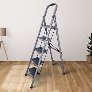 ibell 5 step ladder for home  foldable heavy duty steel ladder with 150 kg capacity wide anti-skid steps safety lock space saving max height 160 cm 525 ft 5 year manufacturing warrantyt005e