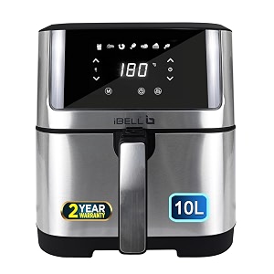 ibell iblaf1000m air fryer 10 litre 1700w 7 cooking presets detachable fryer basket smart rapid air technology timer function auto-off amp adjustable temperature control silver