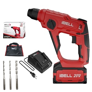 ibell one power series cordless rotary hammer drill ch20-10 20v 900rpm 0375 inches 4ah battery amp charger  red